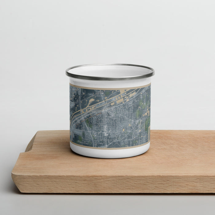 Front View Custom Lemont Illinois Map Enamel Mug in Afternoon on Cutting Board