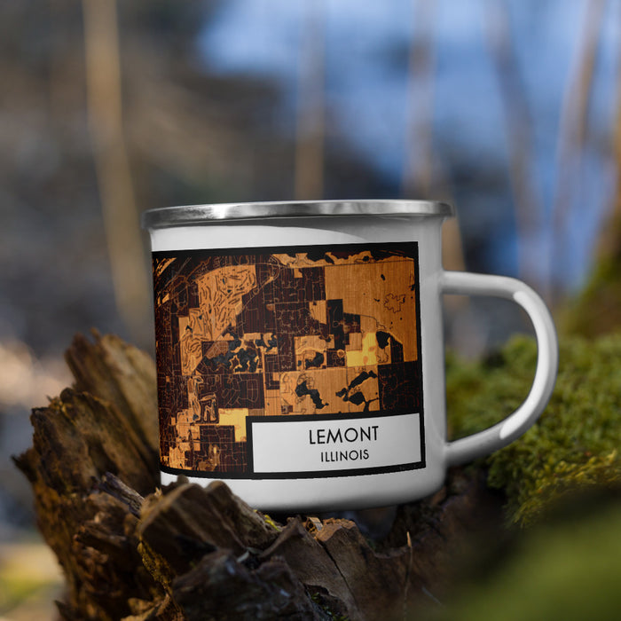 Right View Custom Lemont Illinois Map Enamel Mug in Ember on Grass With Trees in Background