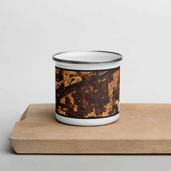 Front View Custom Lemont Illinois Map Enamel Mug in Ember on Cutting Board