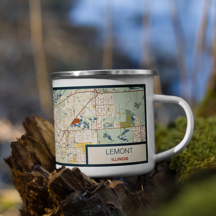 Right View Custom Lemont Illinois Map Enamel Mug in Woodblock on Grass With Trees in Background