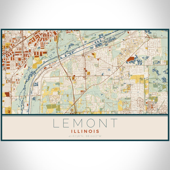Lemont Illinois Map Print Landscape Orientation in Woodblock Style With Shaded Background