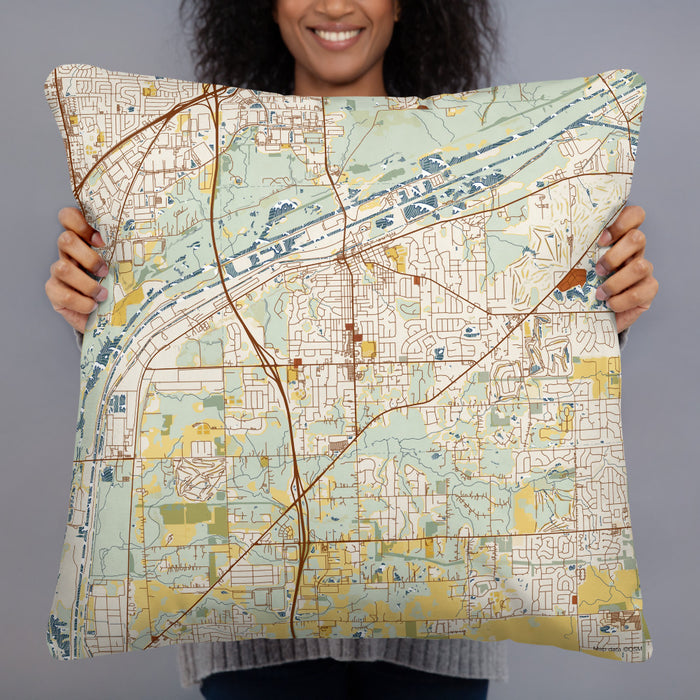 Person holding 22x22 Custom Lemont Illinois Map Throw Pillow in Woodblock