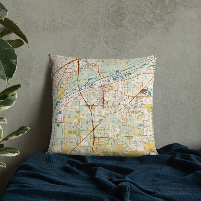 Custom Lemont Illinois Map Throw Pillow in Woodblock on Bedding Against Wall