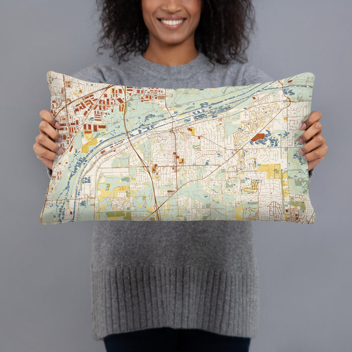 Person holding 20x12 Custom Lemont Illinois Map Throw Pillow in Woodblock