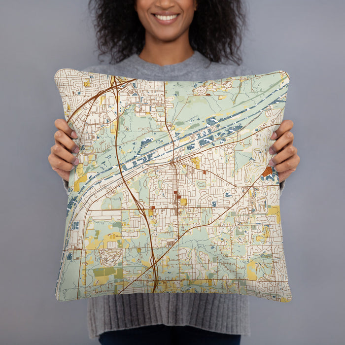 Person holding 18x18 Custom Lemont Illinois Map Throw Pillow in Woodblock
