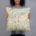 Person holding 18x18 Custom Lemont Illinois Map Throw Pillow in Woodblock