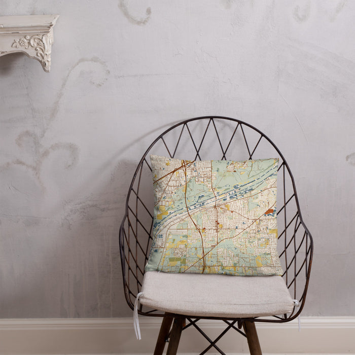Custom Lemont Illinois Map Throw Pillow in Woodblock on Cream Colored Couch