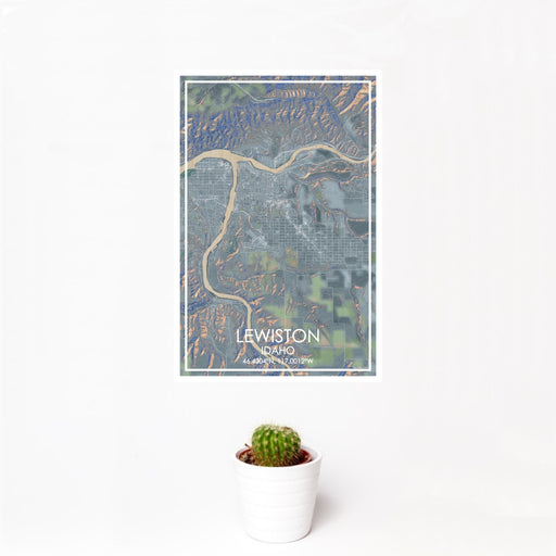 12x18 Lewiston Idaho Map Print Portrait Orientation in Afternoon Style With Small Cactus Plant in White Planter