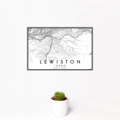 12x18 Lewiston Idaho Map Print Landscape Orientation in Classic Style With Small Cactus Plant in White Planter