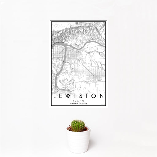 12x18 Lewiston Idaho Map Print Portrait Orientation in Classic Style With Small Cactus Plant in White Planter