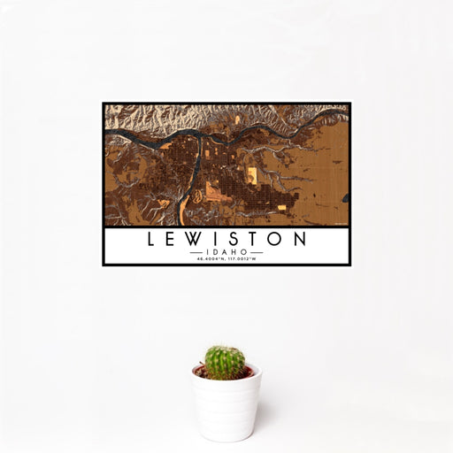 12x18 Lewiston Idaho Map Print Landscape Orientation in Ember Style With Small Cactus Plant in White Planter
