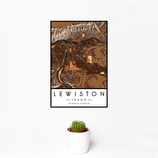 12x18 Lewiston Idaho Map Print Portrait Orientation in Ember Style With Small Cactus Plant in White Planter