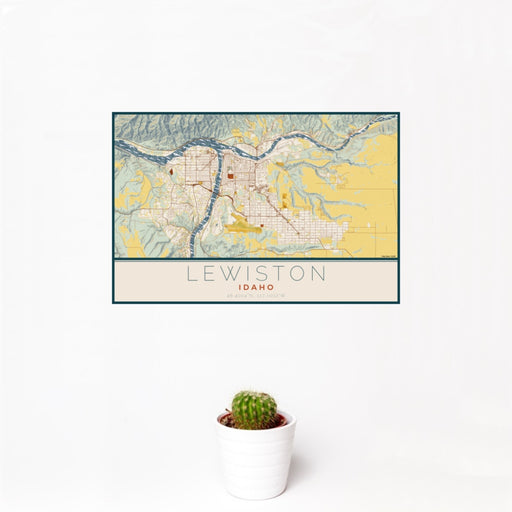 12x18 Lewiston Idaho Map Print Landscape Orientation in Woodblock Style With Small Cactus Plant in White Planter