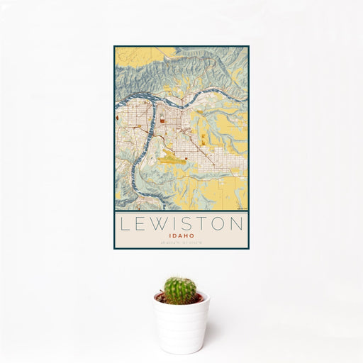 12x18 Lewiston Idaho Map Print Portrait Orientation in Woodblock Style With Small Cactus Plant in White Planter