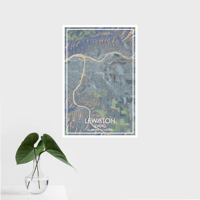 16x24 Lewiston Idaho Map Print Portrait Orientation in Afternoon Style With Tropical Plant Leaves in Water