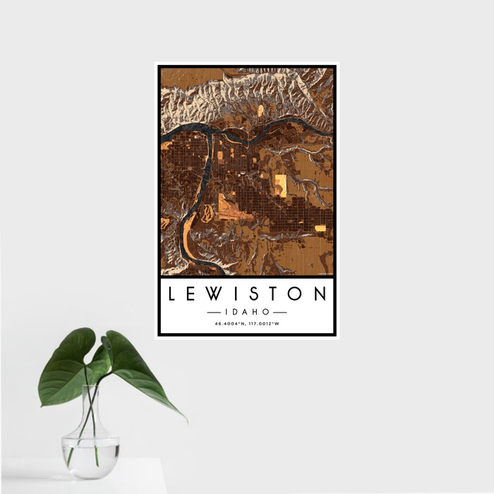 16x24 Lewiston Idaho Map Print Portrait Orientation in Ember Style With Tropical Plant Leaves in Water