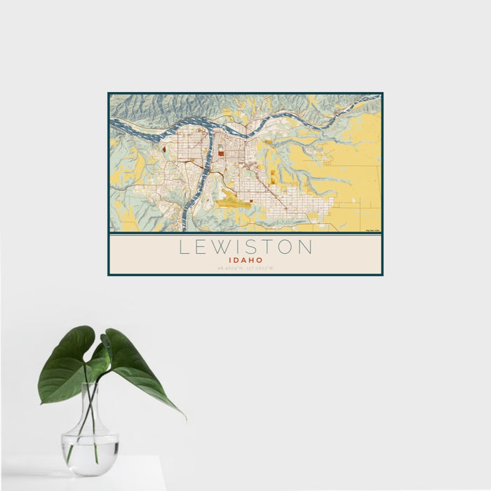 16x24 Lewiston Idaho Map Print Landscape Orientation in Woodblock Style With Tropical Plant Leaves in Water