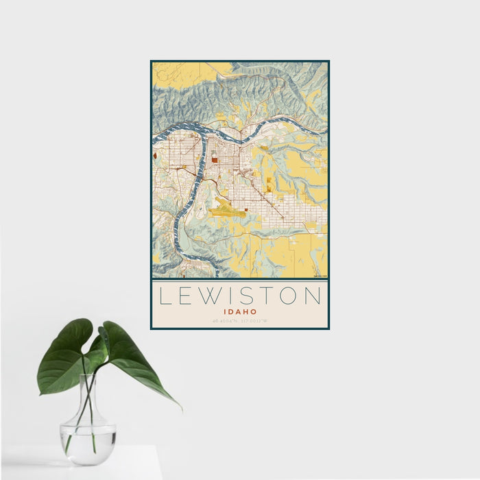 16x24 Lewiston Idaho Map Print Portrait Orientation in Woodblock Style With Tropical Plant Leaves in Water