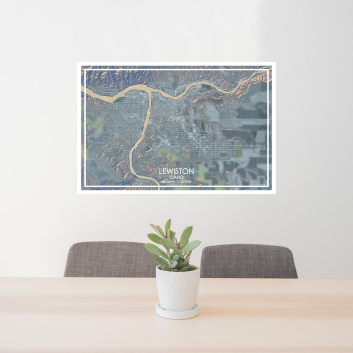 24x36 Lewiston Idaho Map Print Lanscape Orientation in Afternoon Style Behind 2 Chairs Table and Potted Plant