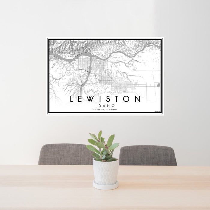 24x36 Lewiston Idaho Map Print Lanscape Orientation in Classic Style Behind 2 Chairs Table and Potted Plant