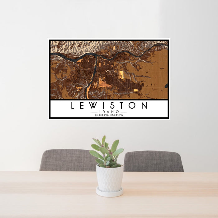 24x36 Lewiston Idaho Map Print Lanscape Orientation in Ember Style Behind 2 Chairs Table and Potted Plant