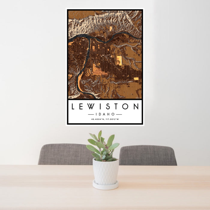 24x36 Lewiston Idaho Map Print Portrait Orientation in Ember Style Behind 2 Chairs Table and Potted Plant