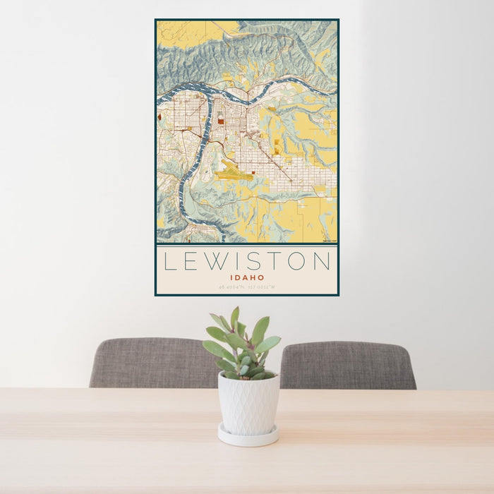 24x36 Lewiston Idaho Map Print Portrait Orientation in Woodblock Style Behind 2 Chairs Table and Potted Plant