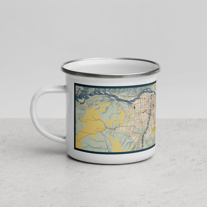 Left View Custom Lewiston Idaho Map Enamel Mug in Woodblock