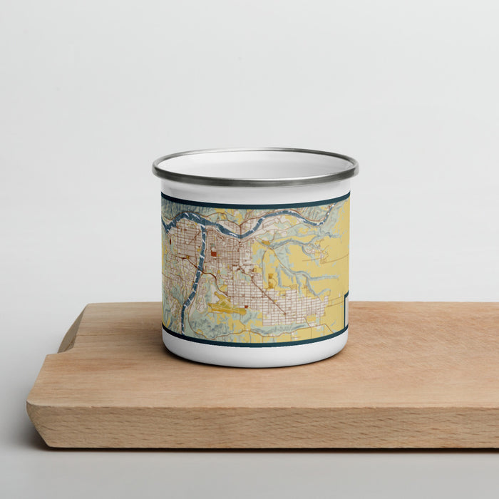 Front View Custom Lewiston Idaho Map Enamel Mug in Woodblock on Cutting Board