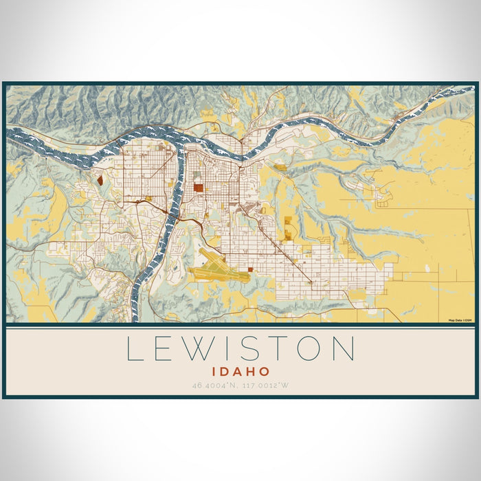 Lewiston Idaho Map Print Landscape Orientation in Woodblock Style With Shaded Background