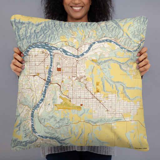 Person holding 22x22 Custom Lewiston Idaho Map Throw Pillow in Woodblock