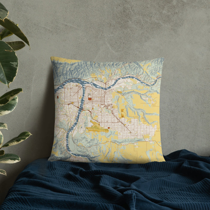 Custom Lewiston Idaho Map Throw Pillow in Woodblock on Bedding Against Wall