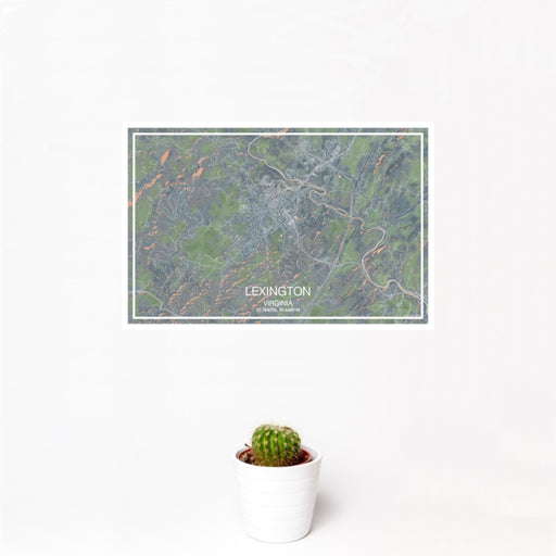 12x18 Lexington Virginia Map Print Landscape Orientation in Afternoon Style With Small Cactus Plant in White Planter