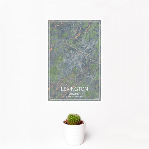 12x18 Lexington Virginia Map Print Portrait Orientation in Afternoon Style With Small Cactus Plant in White Planter
