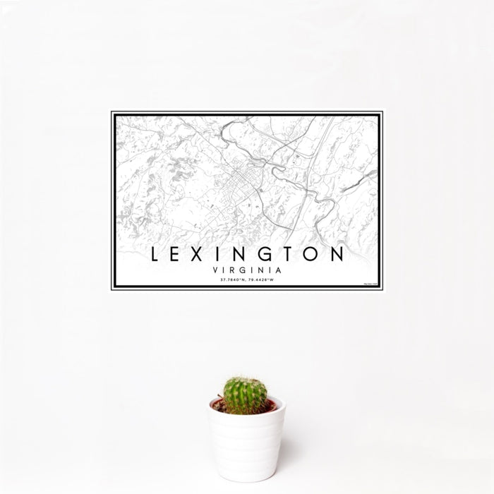 12x18 Lexington Virginia Map Print Landscape Orientation in Classic Style With Small Cactus Plant in White Planter