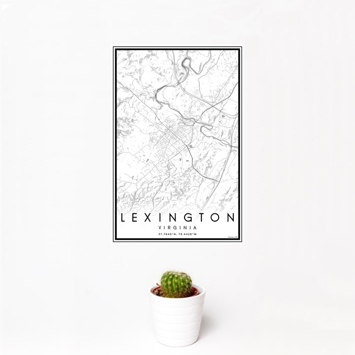 12x18 Lexington Virginia Map Print Portrait Orientation in Classic Style With Small Cactus Plant in White Planter