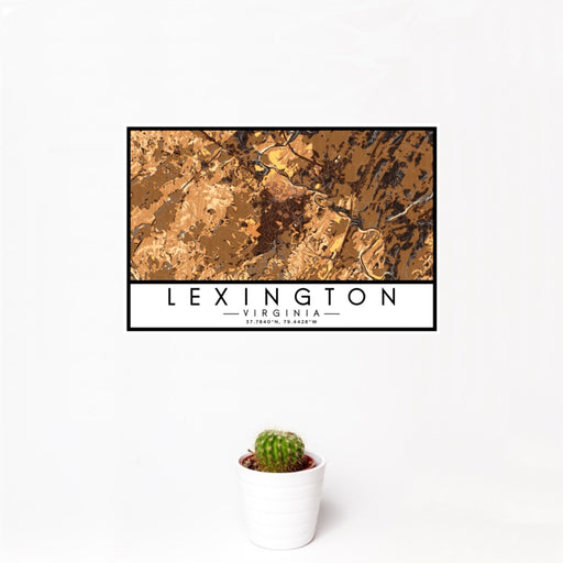 12x18 Lexington Virginia Map Print Landscape Orientation in Ember Style With Small Cactus Plant in White Planter