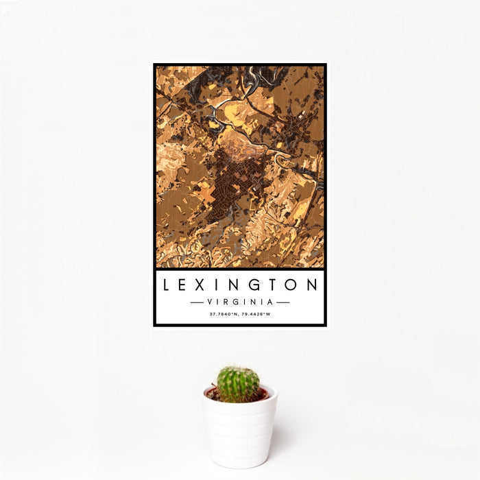 12x18 Lexington Virginia Map Print Portrait Orientation in Ember Style With Small Cactus Plant in White Planter