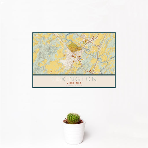 12x18 Lexington Virginia Map Print Landscape Orientation in Woodblock Style With Small Cactus Plant in White Planter
