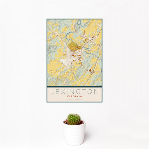 12x18 Lexington Virginia Map Print Portrait Orientation in Woodblock Style With Small Cactus Plant in White Planter