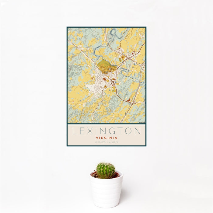 12x18 Lexington Virginia Map Print Portrait Orientation in Woodblock Style With Small Cactus Plant in White Planter