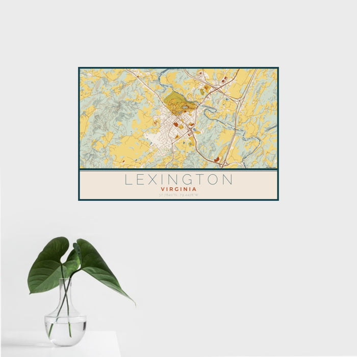 16x24 Lexington Virginia Map Print Landscape Orientation in Woodblock Style With Tropical Plant Leaves in Water