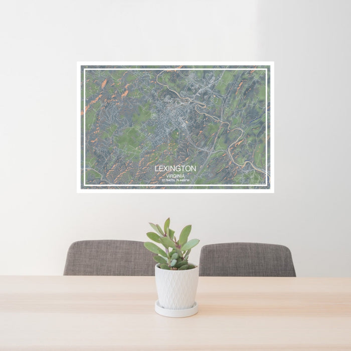 24x36 Lexington Virginia Map Print Landscape Orientation in Afternoon Style Behind 2 Chairs Table and Potted Plant