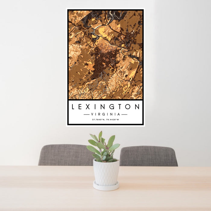 24x36 Lexington Virginia Map Print Portrait Orientation in Ember Style Behind 2 Chairs Table and Potted Plant
