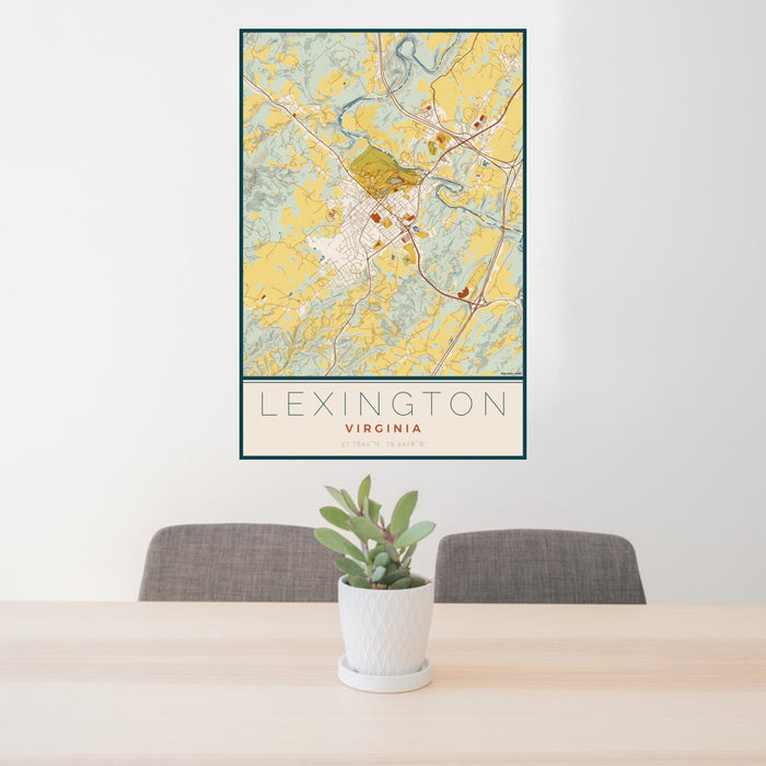 24x36 Lexington Virginia Map Print Portrait Orientation in Woodblock Style Behind 2 Chairs Table and Potted Plant