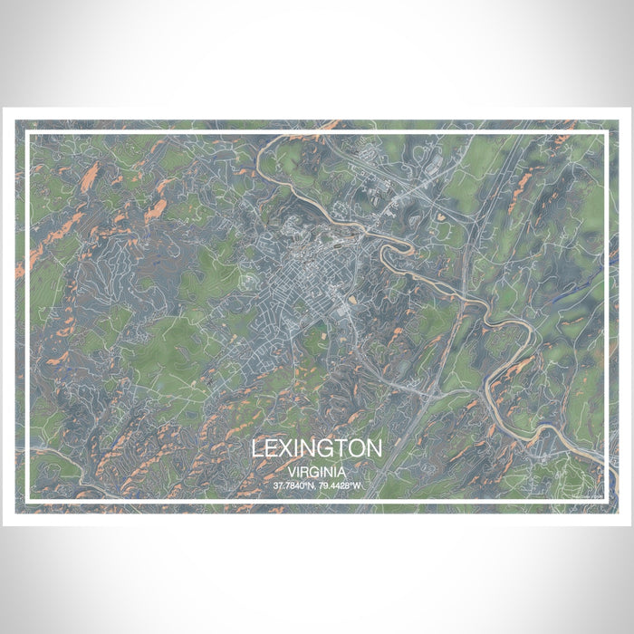 Lexington Virginia Map Print Landscape Orientation in Afternoon Style With Shaded Background