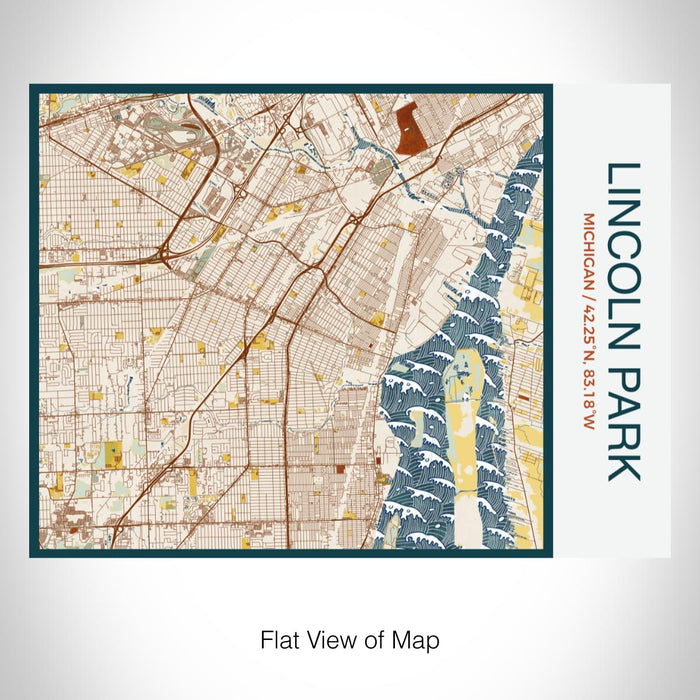 Rendered View of Lincoln Park Michigan Map on 20oz Stainless Steel Insulated Bottle with Bamboo Top with printed woodblock style map