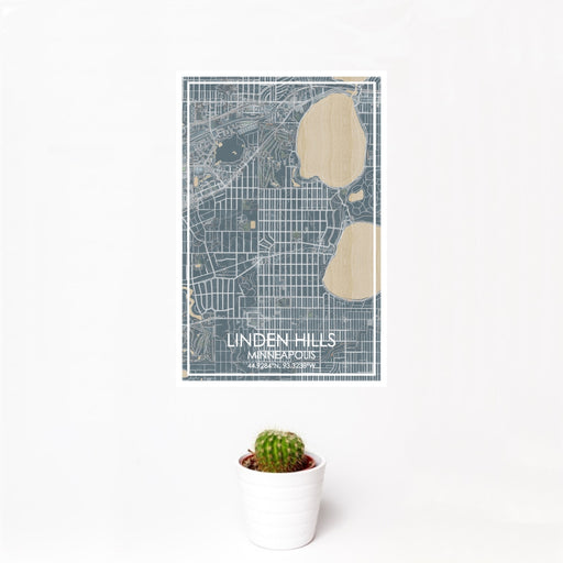 12x18 Linden Hills Minneapolis Map Print Portrait Orientation in Afternoon Style With Small Cactus Plant in White Planter