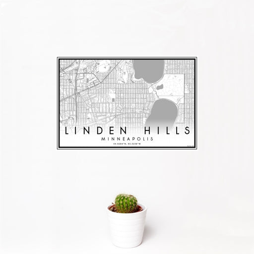 12x18 Linden Hills Minneapolis Map Print Landscape Orientation in Classic Style With Small Cactus Plant in White Planter