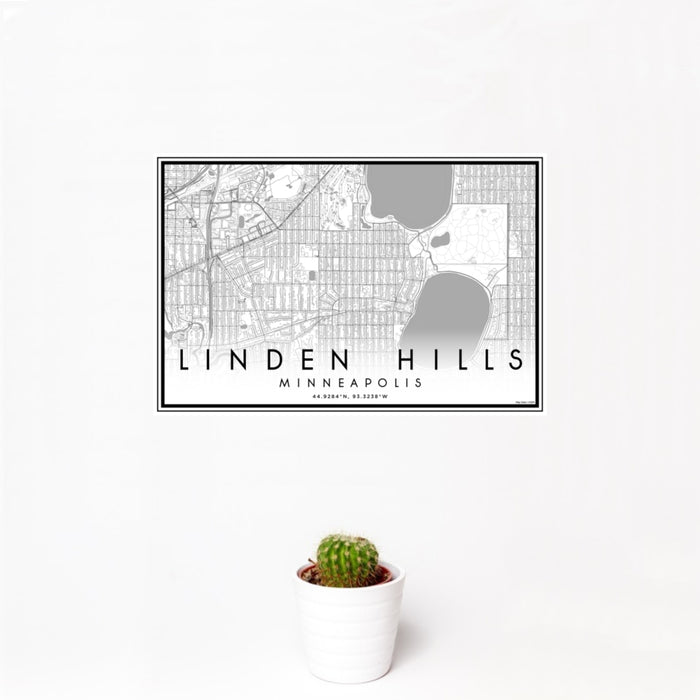 12x18 Linden Hills Minneapolis Map Print Landscape Orientation in Classic Style With Small Cactus Plant in White Planter
